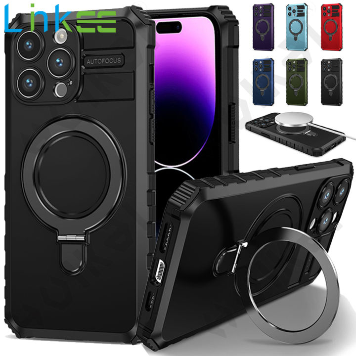 For Apple iPhone 15 14 13 12 11 Pro Max Plus Phone Case, MagSafe Magnetic Camera Slide Protector Ring 360 Rotate Kickstand Shockproof Magnetic Cover