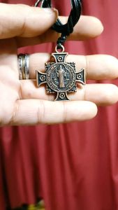 St. Benedict Miraculous Engraved Bronze Medal For Protection Against Evil 1.30X1.50 inch. flat Cross Pendant Necklace