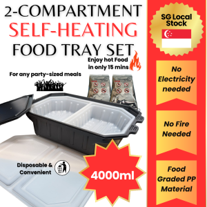 🔥SG SELLER🔥 [2-Compartment] 4000Ml Large Disposable Self Heating Food Tray with Water Activated Heat Packs!! Party Catering Restaurants