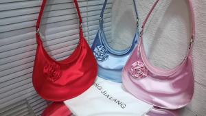 Womens Bag 2025 New niche design retro satin crescent bag with rose flowers handbag shoulder and bag
