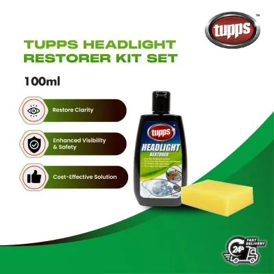 Tupps Headlight Restorer Kit Set (100ml) | Free Sponge | Easy No-Sand Formula for Clearer Headlights