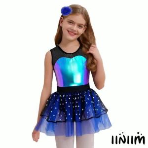Kids Girls 2Piece Jazz Ballet Dress Sleeveless Sheer Mesh Patchwork Metallic Bodice Tulle Tutu Dress+Headwear Ballroom Dancewear2026