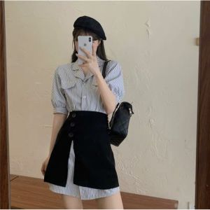 Set đầm sơ mi sọc kèm chân váy đen phối ngoài (kèm video shop quay) 😍😍