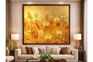 Tranh sơn mài - HOA SEN - Đắp nổi cẩn trứng nền dát vàng cao cấp / Size 134x154 cm ( size kèm khung)