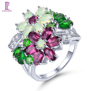 Lohaspie Jewelry Original 4 Carats 925 Silver Ring With Gemstone Natural Garnet Opal Ring Oval Cut Gemstone Ring Garnet Silver 925 Original Ring Opal Ring For Women Jewelry