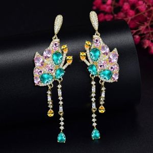 SEQUITO Designer Gold Plated CZ Jewelry with Silver Pins for Women Long Tassel Butterfly Shape with Colorful Austrian Crystal Exquisite Earrings SE094