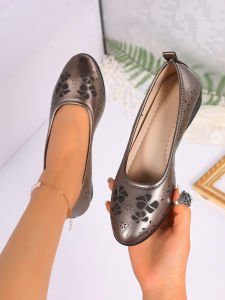 Free Shipping 2026 Autumn New Collection: Patent Leather Mom Shoes Hollowed-Out Wedge Heel Soft Sole Breathable Shallow Mouth Slip-On Style Plus Size WomenS Flats