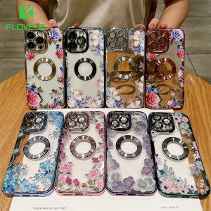 FLOVEME Luxury Flower Painted Clear Phone Case For iphone 15 14 13 12 11 Pro Max 15 14 Plus With Lens Film Protector Plating Logo Hole TPU Shockproof Back Cover For iphone 15 14 13 12 11