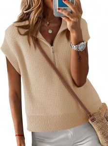 Langwyqu Womens Short Sleeve Cropped Knit Tops Half Zip Cap Sleeve Lightweight Oversized Sweater Vest
