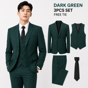 Premium Dark Green Men’s 3PCS Suit with Free Black Tie Elegant Wedding Guest Groom Groomsmen Formal Outfit S-6XL