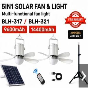 BOSCA 5-in-1 Solar Powered Fan and LED Light  Multi-Use Ceiling Fan with Stand  Heavy-Duty Design  1-Year Warranty