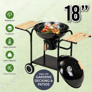 18" Trolley Barbecue Grill Stainless Steel Charcoal BBQ Grilling with 2 Wooden Side Shelfs / Pemanggang Berbeku Beroda