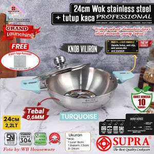 Wok Supra Stainless Steel 24cm dengan Tutup Kaca Vitro & Handle Pastel - Anti Karat Tahan Karat Untuk Gas & Induksi