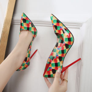 YUCHEN 4.33 inches High Heels for Women With Heels Elegant Pumps Ladies Multicolored plaid Stilettoe High Heeled Shoes