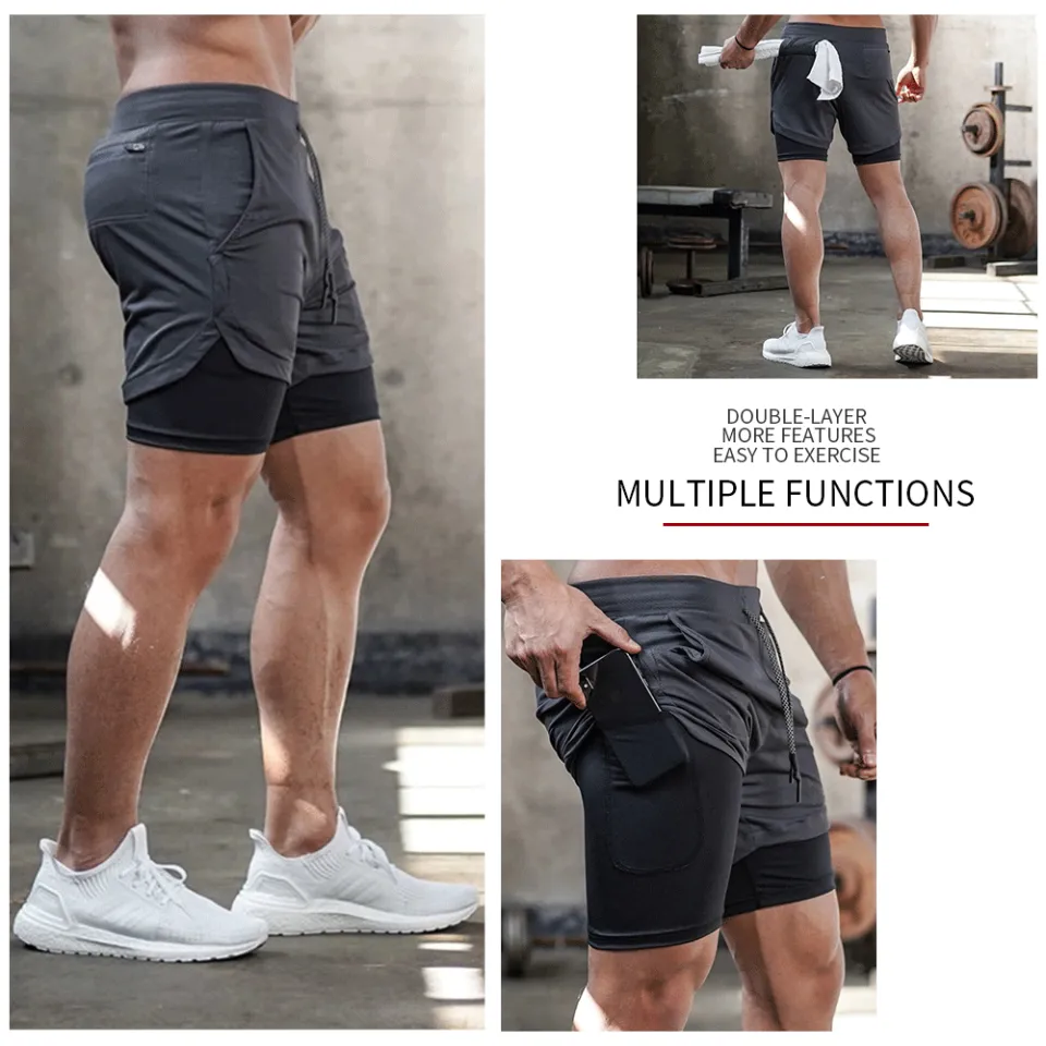2 in 1 Shorts Men Fitness Training Exercise Jogging Short Trousers