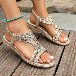Free Shipping 2026 Summer Flat Plus Size Bohemian Rhinestone Flower Elastic Fish Mouth Sandals For Women