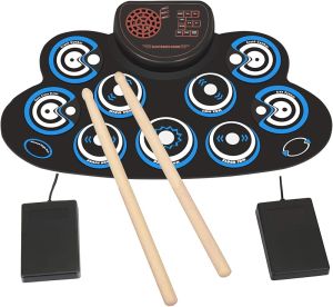Electronic Drum Set Kids Foldable Practice Drum Pad Rechargeable Drum Kit Built in Speakers Foot PedalsDrum Sticks Birthday Gift for Beginners (Blue)