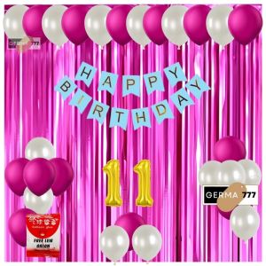 Set Pesta Dekorasi Balon Putih Ulang Tahun Anak Banner Happy Birthday Biru Tirai Pink Tua Ultah