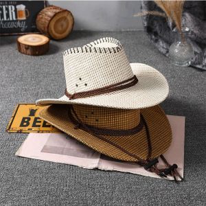 COOLSOOL Solid Color Straw Hat Wide Brim Fashion Plaid Western Cowboy Hat Fashion Lacing Design Panama Hat for Men and Women