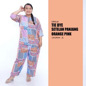 Tie Dye Big Size / One Set Jumbo / Setelan Celana Jumbo Orange Pink / Setelan Busui / Tie Die Lengan 3/4 / Tie Dye Rayon