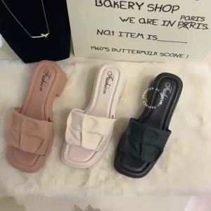 [Free Shipping] Womens Summer High-Heeled Slippers Fashionable and Versatile Thick-Soled Chunky Heel Non-Slip Solid Color Pleated