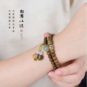【Ship PG】gelang manik超值推荐 复古绿檀木手链女森系学生手链玉檀香手串女中国风双圈款自带天然香味Vintage Green Sandalwood Bracelet for Women 七宝香结