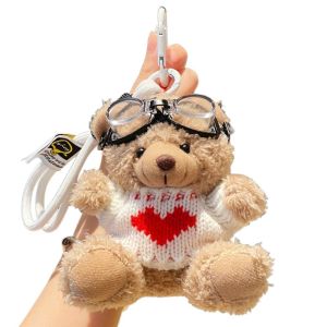 BEIBEI Bell Pilot Bear Keychain Pearl  Plush Bear Key Ring Kawaii Heart Stuffed Animal Pendant Women
