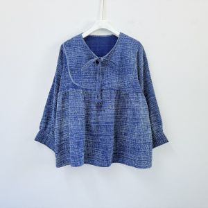 เสื้อผ้าฝ้าย เสื้อผ้าฝ้ายแขนยาว ทรงหลวม ผูกโบว์ ผ้าฝ้าย 100% เนื้อผ้าทอแน่น สีคราม สีม่อฮ่อมธรรมชาติ