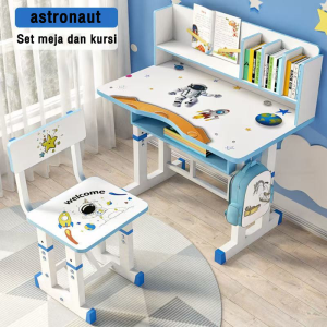 Meja Belajar Anak Set Kursi Ergonomis Tinggi Bisa Diatur Rak Buku Laci Anti Selip Kartun Meja Tulis