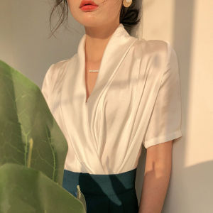 Alisa Sonya Women Satin Blouse French Style Silky Shirt Elegant Short Sleeve V-neck Blouse Tops