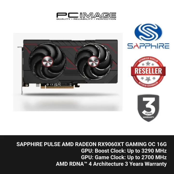 SAPPHIRE PULSE AMD RADEON RX 9060 XT GAMING OC 16GB GDDR6 GPU GRAPHIC CARD 3YR WARRANTY