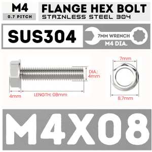5PCS M4 x 0.70P Stainless Flange Hexagon Bolt - Stainless Steel 304