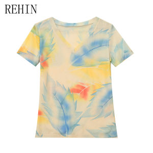 REHIN Summer new fashion mesh printed short-sleeved V-neck T-shirt slim-fit S-3XL trendy top with floral pattern women blouse
