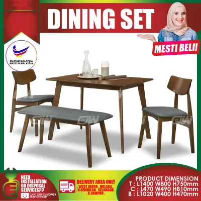 Walnut 1+2 Seater WITH BENCH 1100MM Solid Wood Dining Set Kayu High Quality Turkey Fabric Chair / Dining Table / Dining Chair / Meja Makan / Kerusi Meja Makan / Buffet Makan Meja / Meja Party Makan Weekend