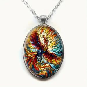 Oval Shaped Glass Pendant Necklace with Flying Phoenix Pattern Romantic and Fashionable