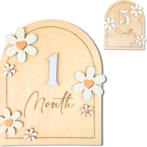 YESMILE 1-12 Hàng tháng Biển đánh dấu cột mốc hàng tháng của bé Số tháng Bằng gỗ Thẻ ghi dấu mốc phát triển hàng tháng của bé Hoa 3D Đạo cụ ảnh trẻ sơ sinh dành cho bé gái bé trai