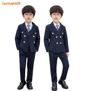 lontakids 1-14ปีเด็กเด็กเด็กชาย5ชิ้นแถบสีฟ้าเสื้อแจ็คเก็ตที่เป็นทางการเสื้อสูทกระดุมคู่ของเด็กแหวน Bearer วันเกิดเปียโนชุดเสื้อผ้าสตรีแต่งงานเครื่องแต่งกายพรรค