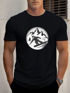 2025 Summer Mens Cotton T Shirt Ski Trendy Print Round Neck T-Shirt Casual Breathable Street Style Daily Top