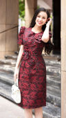 MyDu Shop | MS 2732 | Đầm Trung Niên Dự Tiệc – Phối Hoa Tinh Tế Gam Đỏ Đen Quý Phái