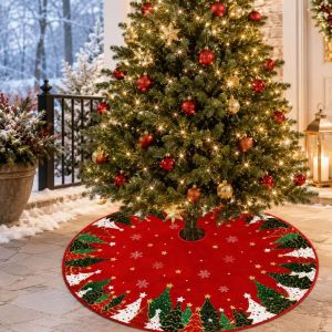 YERZ Snowflake Christmas Tree Skirt Snowman Santa Claus Christmas Tree Mat Festive Atmosphere Round Tree Base Blanket Winter