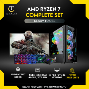 [ COMPLETE PC SET ] AMD Ryzen 7 5700G CPU Desktop Package with Built-in GPU / Prebuilt Unit For Gaming Work Online Class / Brand New RGB Ready to Use with Monitor and Free Gift / Easy Setup (Collinx Computer)