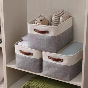 NINEONE Large Fabric Storage Basket Toy Boxes Decorative Baskets with Leather Handle Collapsible Baskets for Organizing Storage Basket