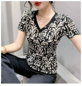 REHIN Summer new fashion mesh elegant V-neck letter print short-sleeved T-shirt with texture slim and versatile top for women