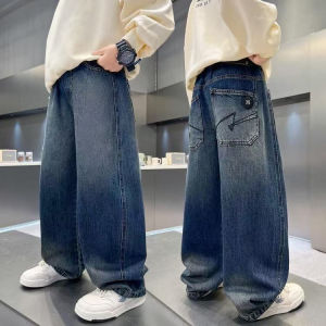 Kids Boys Casual Straight Wide-Leg Elastic Waist Denim Jeans Pants Trousers With Real Pockets