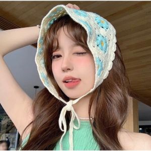Khăn tuban đội đầu khăn trùm đầu tam giác băng đô len đội đầu họa tiết hoa phong cách Hàn Quốc