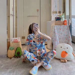 ชุดนอน เสื้อแขนสั้น + กางเกงขายาว คอตตอนผสมการ์ตูน ผ้านิ่มมาก กระดุมหน้าคอปก ฟรีไซส์ G60
