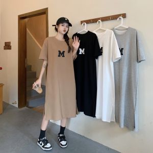 Summer New Korean Style Fashion Plus Size Women Split Printing T-shirt Long Dress Long Below The Knee Girls Dress