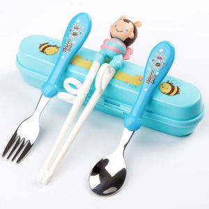 New Arrive Kid Feeding Set Kid Chopsticks with Ring Sleeve for Childrens Training Chopsticks Fork Spoon for childrens Training Learning Food Feeding set