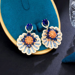 SEQUITO Newest Style Lady 3D Geometric Flower Long Drop Earrings Gold Plated Full Pave Colourful AAAAA Cubic Zirconia Delicate Evening Party Ear Jewelry SE744