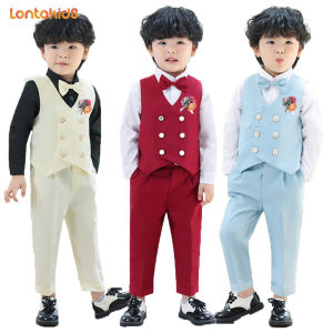 lontakids 5Pcs Kids Boys Formal Plain Double Breasted Vest Suit (Vest+Pants+Shirt+Bow Tie+Corsage) Children Wedding Birthday Party Black Khaki Gentleman Clothes Set